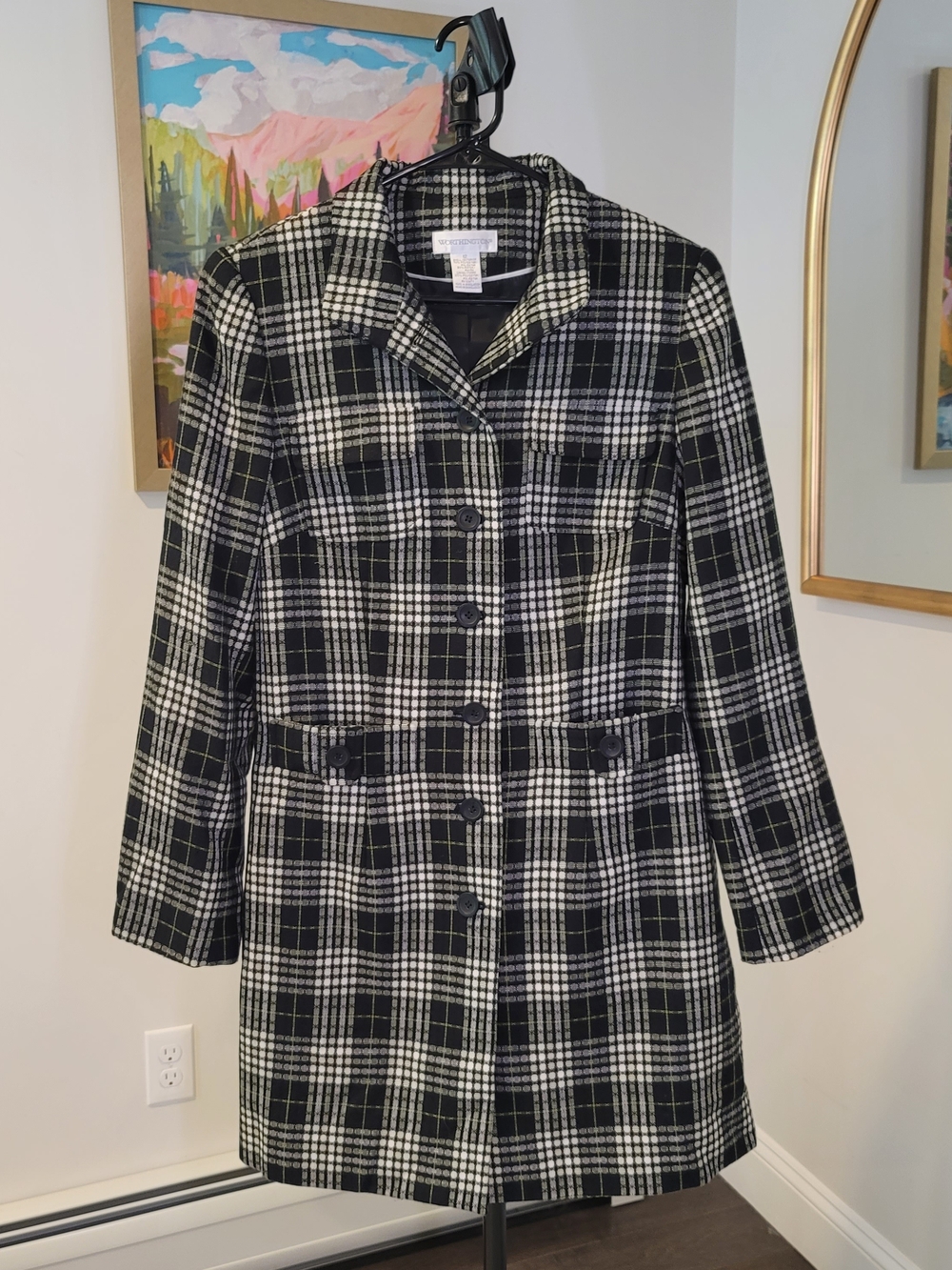 WORTHINGTON Plaid Coat Black Gray Green Women's Size 12
